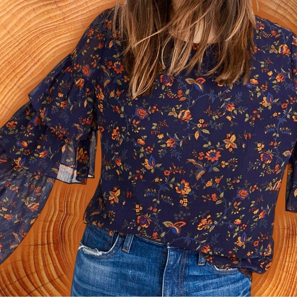 Madewell ‘Ruffle Sleeve Top’ in “Oriental Floral Midnight” Navy Blue Size Small - Picture 2 of 16